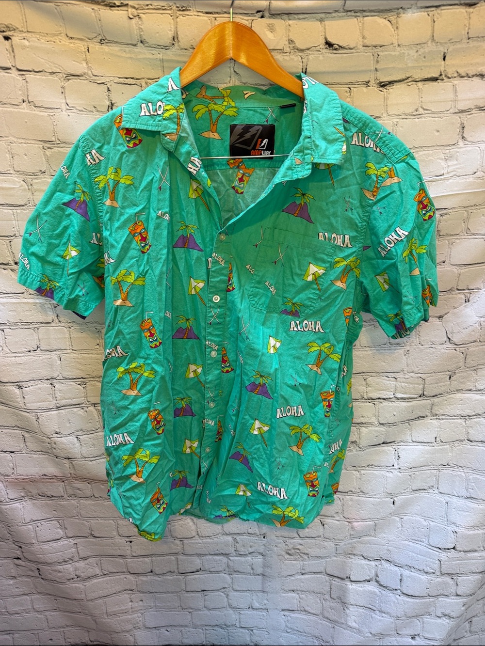 ☀️AmpLify Aloha Hawaiian Shirt Men’s XL Teal Tiki Palm Tree Tropical ButtonDown